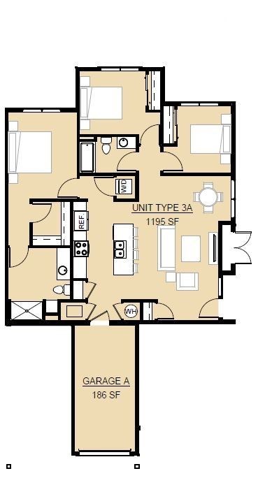 Floor plan for 3 beds, 2 baths, 1195 sqft